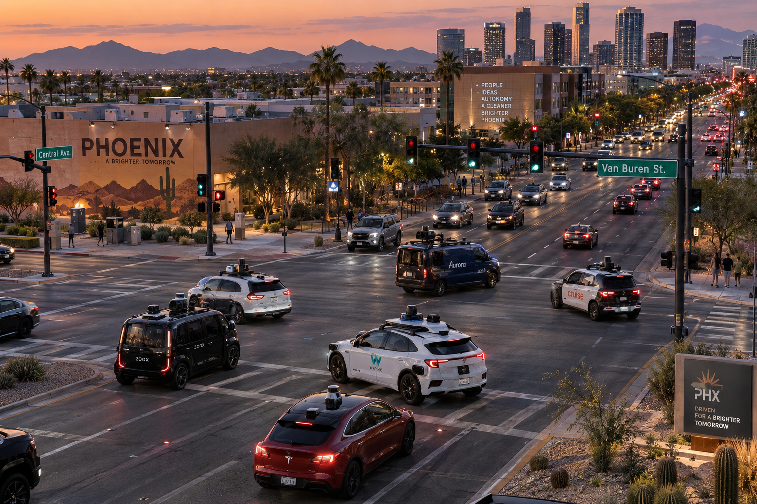 Aerial view of autonomous vehicles navigating a busy Phoenix intersection at dusk.